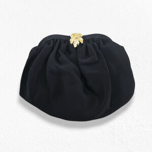 Vintage 1950s Black Evening Clutch Gold Leaf Clasp Frame Bag Mid Century Purse